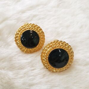 VINTAGE Gold Tone Chain Black Enamel Designer Inspired Runway clip on earrings